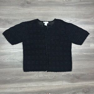 Preswick & Moore Black Checkered Crochet Button Cardigan Short Sleeve Top S